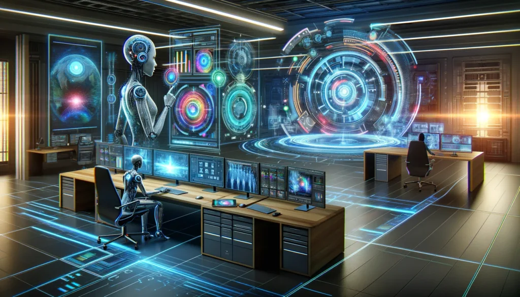 Ilustración de un estudio futurista con herramientas de inteligencia artificial y edición audiovisual.